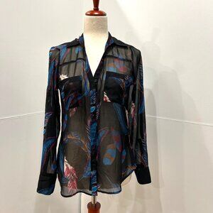 Express Portofino Black Sheer Feather Design Shirt Blouse XS